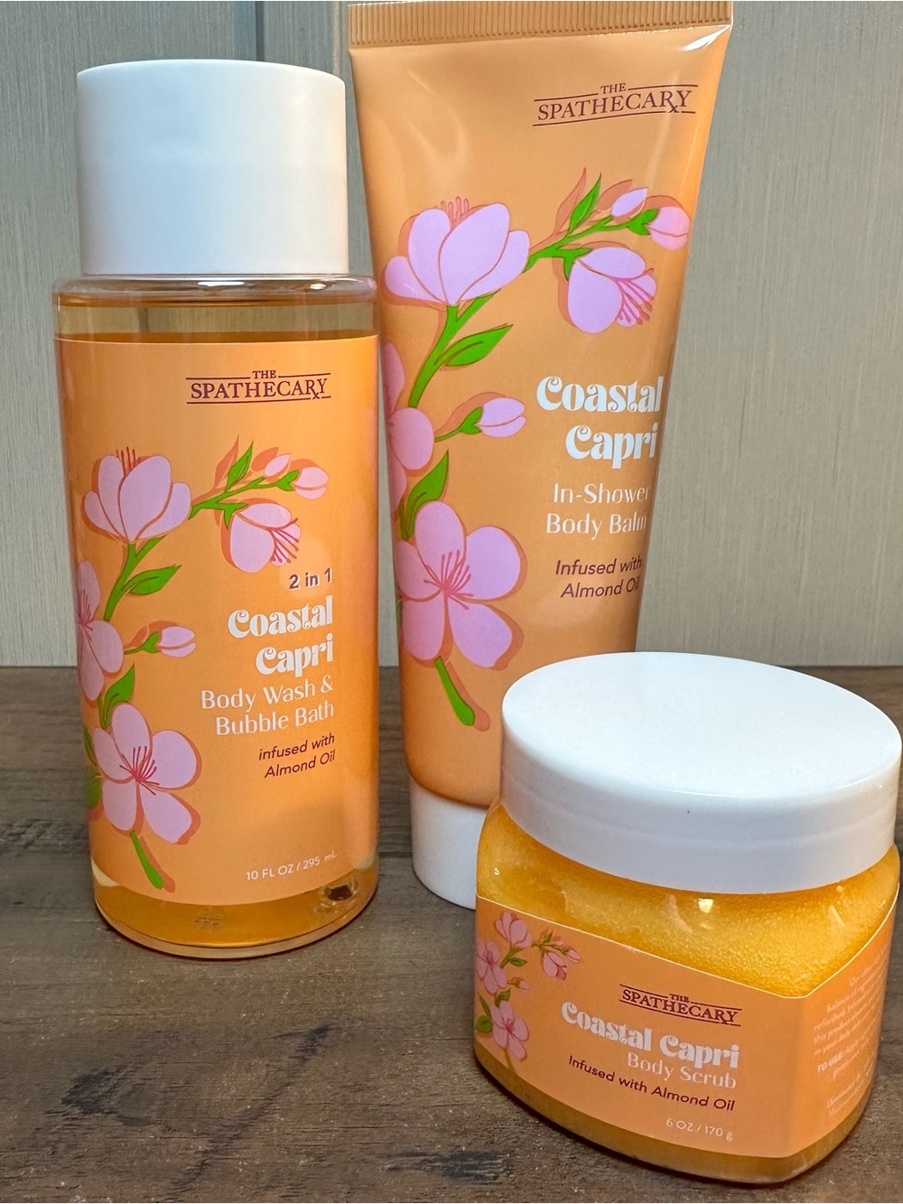 The Spathecary Coastal Capri Bath Set 3 Pc Body Wash Scrub Balm Shea Oil NEW